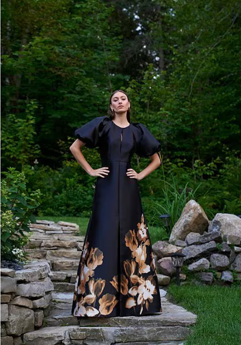 Kay Unger Women s Delfina Puff Sleeve Mikado Gown Black Gowns
