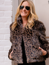Load image into Gallery viewer, Pretty Rugged Faux Fur Reversible Bomber Grey Leopard