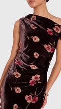 Load image into Gallery viewer, Dark brown velvet one-shoulder gown with pink floral print and ruched waist