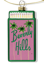 Load image into Gallery viewer, Green and pink glass matchbox ornament with glitter Beverly Hills palm tree design