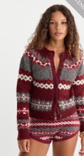 Load image into Gallery viewer, Women's burgundy Fair Isle cardigan with gray and cream geometric pattern, button front