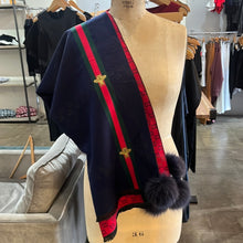 Load image into Gallery viewer, Scarf Navy Bees &amp; Fox Poms