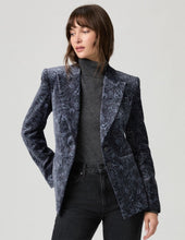 Load image into Gallery viewer, Navy blue stretch velvet blazer with intricate silver floral paisley print and structured shoulders