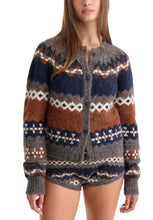 Load image into Gallery viewer, Women's gray Fair Isle button-front cardigan with navy, brown, and cream pattern