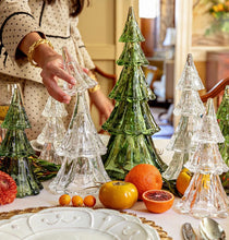 Load image into Gallery viewer, Clear glass Christmas tree figurines set of 5, displayed on holiday tablescape