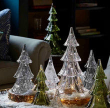 Load image into Gallery viewer, Elegant glass Christmas tree figurines with LED lights displayed on a festive snowy surface