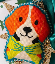 Load image into Gallery viewer, Handcrafted needlepoint beagle dog ornament wearing a bow tie, finished with decorative trim