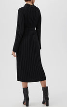 Load image into Gallery viewer, Woman wearing a ribbed knit midi cardigan dress with belt and chain neckline detail