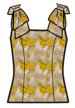 Load image into Gallery viewer, Gold floral brocade sleeveless top with ruffle bow shoulder details and fitted silhouette