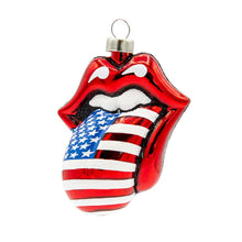 Load image into Gallery viewer, Rolling Stones iconic lips and tongue ornament featuring an American flag design, holiday glass collectible