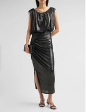 Load image into Gallery viewer, Sleeveless metallic midi dress with draped bodice, ruched skirt, and side slit