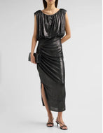 Sleeveless metallic midi dress with draped bodice, ruched skirt, and side slit