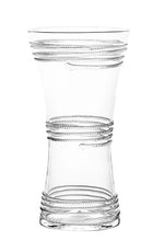 Load image into Gallery viewer, Elegant clear glass corset vase with decorative spiral rope detailing and hourglass silhouette
