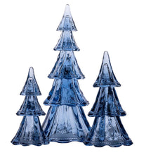 Load image into Gallery viewer, Set of 3 blue glass Christmas tree figurines in small, medium, and large sizes