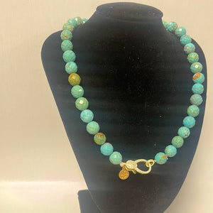 Turquoise Bead Necklace with Small Gold Pave Clasp