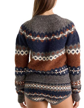 Load image into Gallery viewer, Good American grey Fair Isle knit sweater with navy and brown pattern, back view