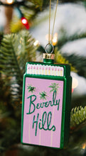 Load image into Gallery viewer, Green and pink Beverly Hills matchbox Christmas tree ornament with glitter palm trees