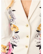 Load image into Gallery viewer, Floral printed blazer with gold buttons featuring peony blooms on a light background