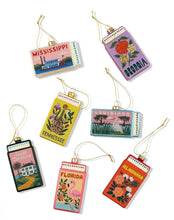 Load image into Gallery viewer, Set of 7 Southern state matchbox glass ornaments with colorful illustrated designs