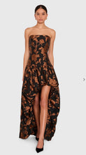 Load image into Gallery viewer, Strapless black and copper floral jacquard high-low bubble hem maxi gown