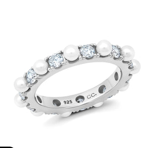 Crislu Large Pearl And Round Brilliant Cut Eternity Ring