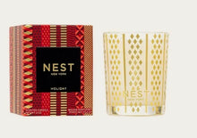 Load image into Gallery viewer, Nest New York Holiday votive candle in gold geometric glass with red festive box