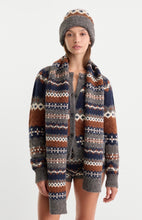 Load image into Gallery viewer, Model wearing a Fair Isle patterned knit beanie with matching cardigan and shorts set