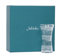 Load image into Gallery viewer, Julioka crystal corset vase with textured rope detailing displayed beside teal gift box