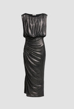 Load image into Gallery viewer, Sleeveless metallic midi dress with draped bodice and ruched side skirt detail