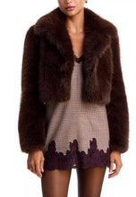 Load image into Gallery viewer, Cropped fluffy faux fur jacket with wide lapels worn over a mini dress