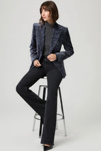 Load image into Gallery viewer, Navy blue paisley velvet blazer with structured shoulders and notched lapels