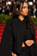 Load image into Gallery viewer, Black cape blazer with lace trim detail and structured lapels