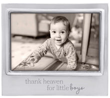 Load image into Gallery viewer, Silver metal photo frame engraved with 'thank heaven for little boys' holding baby portrait