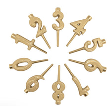 Load image into Gallery viewer, Set of ten metallic number candle holders shaped as digits zero through nine with pick stems