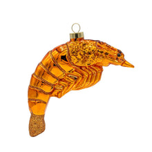 Load image into Gallery viewer, Glossy glass shrimp holiday ornament with glitter accents and gold hanging loop