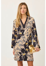 Load image into Gallery viewer, Lilly Pulitzer Irella Caftan Dress in black onyx safari animal print with gold clutch