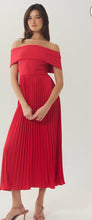 Load image into Gallery viewer, Red off-shoulder pleated midi dress with fitted bodice and flowy satin skirt