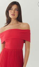 Load image into Gallery viewer, Hutch Stockton off-shoulder pleated midi dress in red with fitted bodice