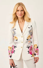 Load image into Gallery viewer, White floral blazer with pink and gold peony print and gold buttons on woman