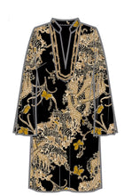 Load image into Gallery viewer, Black long-sleeve caftan tunic with gold and tan safari animal print