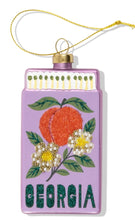 Load image into Gallery viewer, Purple glass matchbox ornament with peach, white flowers, and Georgia glitter lettering