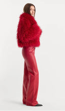 Load image into Gallery viewer, Red faux leather bootcut low rise jeans in carmine, wide leg silhouette