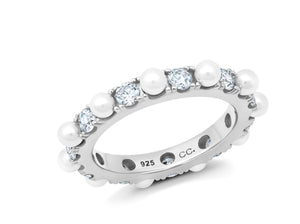 Crislu Large Pearl And Round Brilliant Cut Eternity Ring