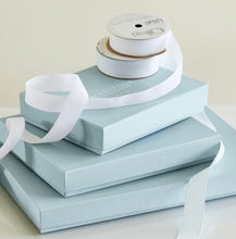 Load image into Gallery viewer, Elegant Mariposa gift boxes stacked with white grosgrain ribbon and spool