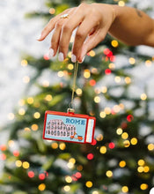 Load image into Gallery viewer, Rome Colosseum matchbox Christmas ornament in red and light blue with scooter detail