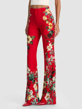 Load image into Gallery viewer, Red floral bootcut pants with high waist and wide flare leg