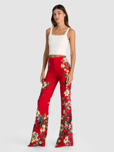 Load image into Gallery viewer, Red floral print high-waist bootcut flare pants with white crop top