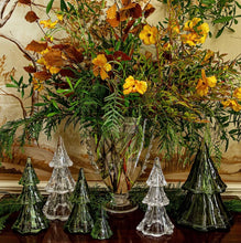 Load image into Gallery viewer, Elegant glass Christmas tree figurines arranged around a floral centerpiece on a decorative console table