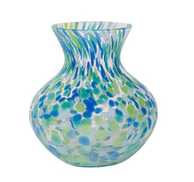 Load image into Gallery viewer, Handcrafted artisan glass vase with speckled and swirled pattern, featuring a rounded bulbous silhouette
