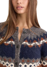 Load image into Gallery viewer, Good American grey fairisle cardigan with navy, rust, and white pattern and dark buttons